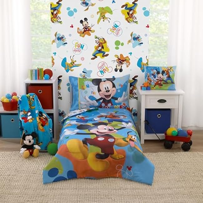 NoJo Disney Mickey Mouse Blue, Red, and Green, Donald Duck, Pluto, and Goofy, Fun Starts Here 4 Piece Toddler Bed Set - Comforter, Fitted Bottom Sheet, Flat Top Sheet, and Reversible Pillowcase