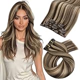 Picture of Moresoo Clip in Hair Extensions Brown with Blonde Highlights Human Hair Clip in Extensions Dark Brown with Honey Blonde for Short 80 Gram 5pieces Double Weft 10 inch