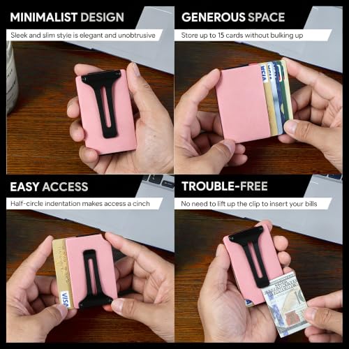 Image of Minimalist Wallet for Men, Slim Metal RFID Blocking Wallet Credit Card Holder Money Clip & Cash Strap, Scratch-Resistant Holds 15 Cards,Ideal Gift for Men | Matte Pink