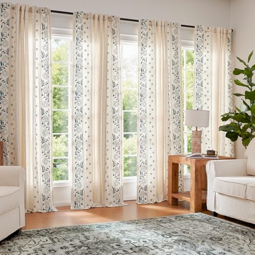 Image of jinchan Blue Floral Linen Curtains for Living Room 84 inch Back Tab 2 Panels