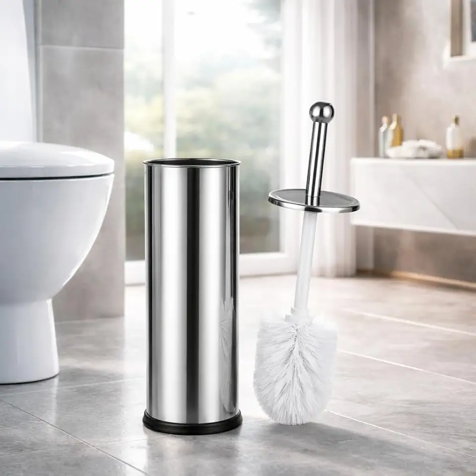 Escova Sanitária Inox com Suporte Aço Inoxidável Luxo Antiferrugem Cerdas Flexíveis Base Antiderrapante Design Moderno Higiênica Banheiro Limpeza Eficiente Compacta Resistente Durável Elegante!!