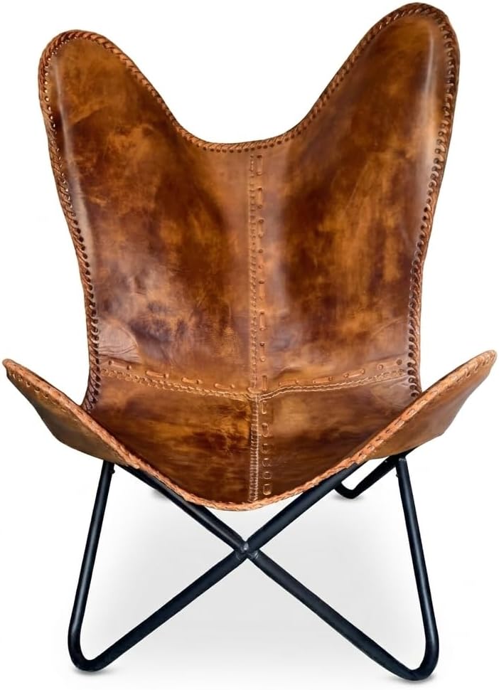 Shy Shy Brown Vintage Leather Arm Folding Chair/Genuine Antique Leather Butterfly Chair Home Décor/Handmade Chair (with Fold-able Stand) - Camping-Hiking-Chairs