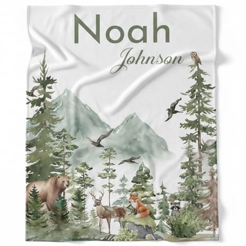 Image of Personalized Woodland Baby Blanket with Name, Custom Name Blanket for Boy, Printed in USA, Super Soft Blankets for Newborn, Customized Gifts for Baby Shower Birthday Christmas