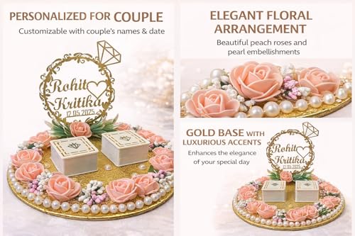 Image of Engagement Ring Platter, Ring Platter for Ring Ceremony,10x10x8 inch, 2 Ring Boxes, Peach Theme, Artificial Flowers - Customised