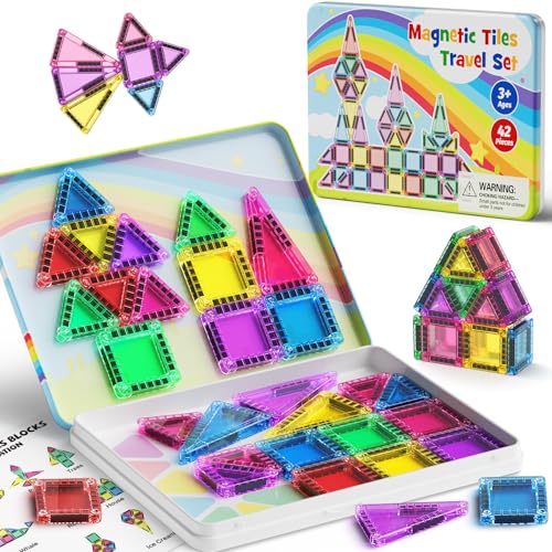 Image of Magnetic Tiles Travel Set Toddlers: 42PCS Mini Building Blocks for Planes | Iron Case Flips to Play Base, 1:1 STEM Visual Guide Teaches Cleanup, Candy Colors Quiet Car Ride Activities for Kids Ages 3-5