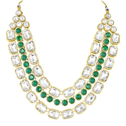 Image of Peora Crystal Studded Gold Plated Layered Long Necklace & Dangle Earring Jewellery Set for Women & Girls