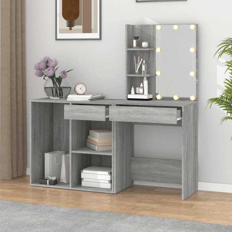 Eleganz -Tocador con armario gris - Madera Sonoma - Juego de muebles de dormitorio con espejo e iluminación - Ahorro de espacio y estilo
