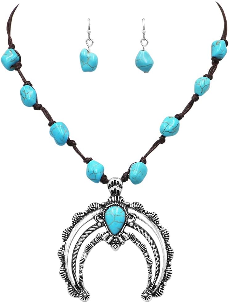 Rosemarie & Jubalee Women's Western Style Statement Squash Blossom Pendant With Turquoise Stone And Vegan Suede Necklace Earrings Set, 18"+3" Extender - Image 2