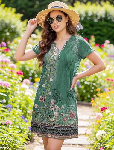 Image of Soesdemo Short Sleeve Dress for Women Bohemian V Neck Button Down Pleated Casual Flower Womens Dresses with Pockets