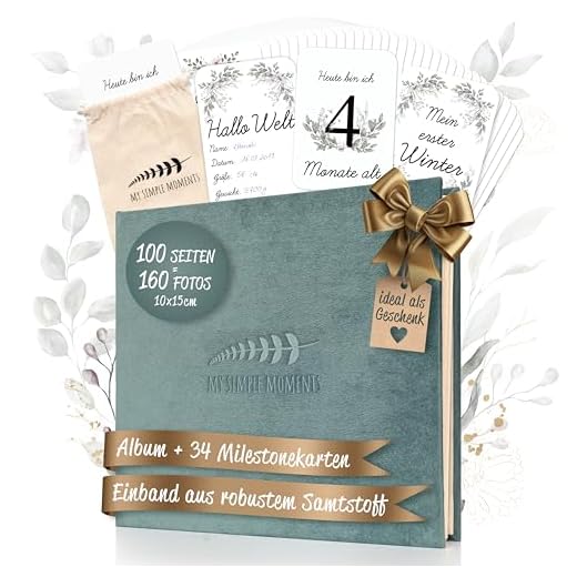 Baby Fotoalbum | aus Samt zum Selbstgestalten | mit 34 Meilensteinkarten