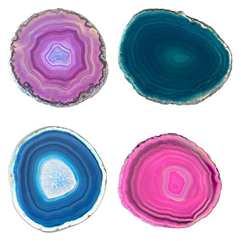 Natural Sliced Agate Coasters Set with Free Rubber Bumper - CXD-GEM Mixed 4 Color Large Stone Drink Coasters(3-4”) - Handmade Drink Mat for Home Decor Cover