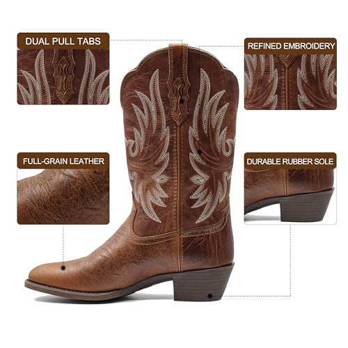 Cowboy Boots for Women Pointed Toe Western Boots Mid Calf Cowgirl Boots Pull On Embroidered Full Grain Leather(PLT203612-Brown)3