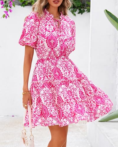 Image of BTFBM Women Summer Floral Short Dresses V Neck Short Sleeve Tiered Ruffle Boho Swing Dress A-Line Mini Dresses