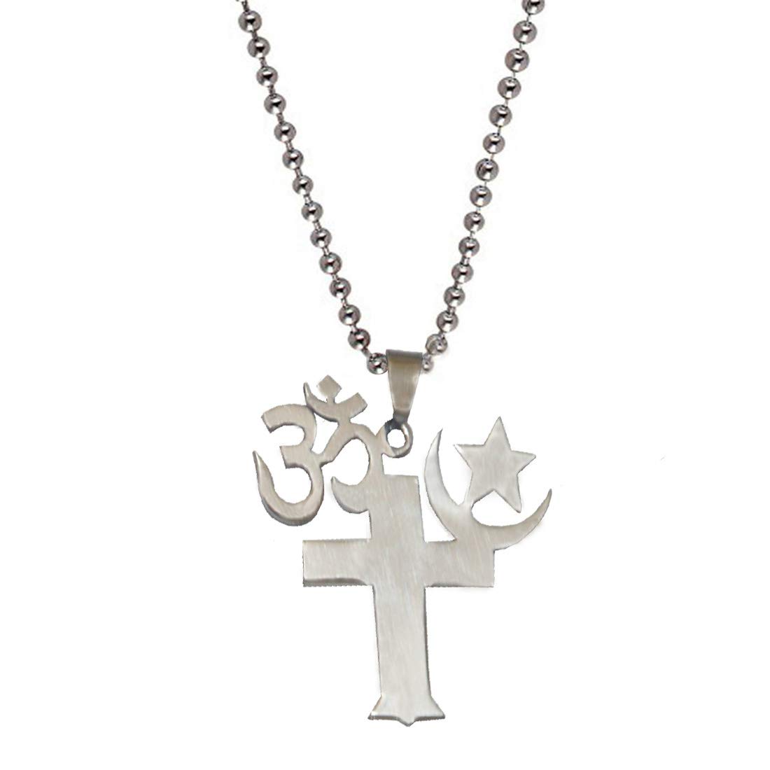 Religious Om Cross Star Moon Pendant Locket Silver Stainless Steel Necklace Chain for Men and Women