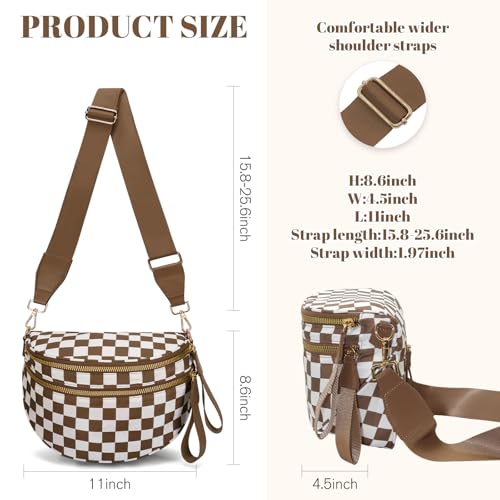 Image of WOOMADA Checkered Crossbody Bag Bum Bag for Women, Fanny Pack Checkered Purse, Belt Bag with Shoulder Strap(Brown Checkerboard)