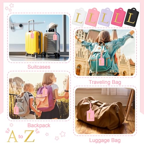 Image of Personalized Initial Luggage Tags for Suitcases, Cute PU Leather Embroidered Letter Travel Luggage Tags, Suitcase Identifier Name Baggage Tag, Bag Tags for Men Women Kids Luggage Handbags(Pink L)