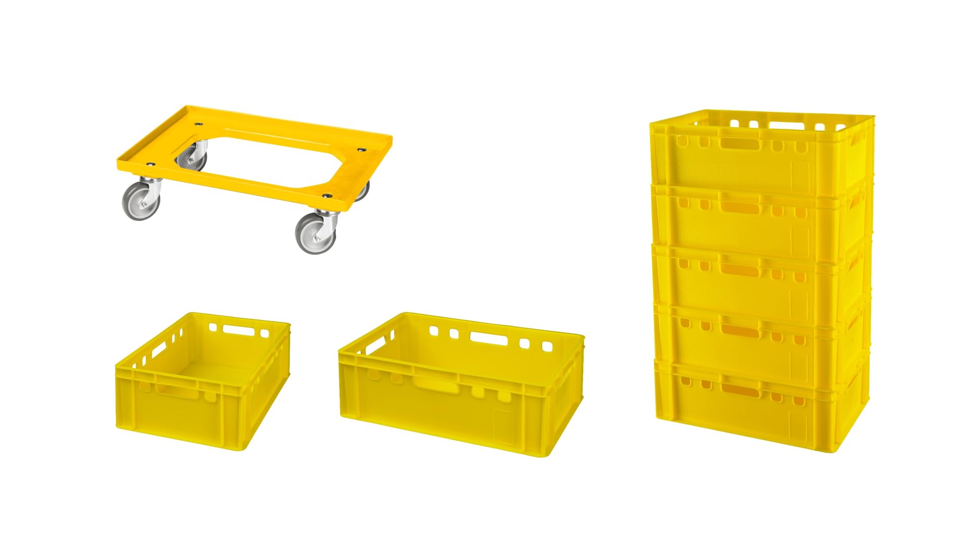 Logiplast 7 Stück E2-Kasten gelb + 1 Transportroller mit vier Lenkrollen gelb