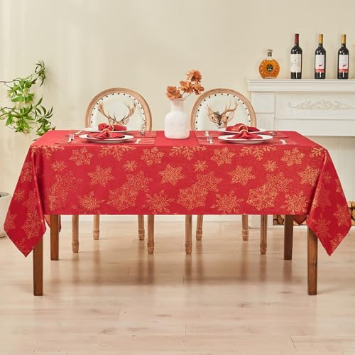 HomeJoy Rectangle Fancy Metallic Sparkling Snowflake Christmas Fabric Table Cloth red Hunter Gold Navy White Silver No-Iron Soil Resistant Woven Holiday Table Cover(Red Gold/60x104Inch) by HomeJoy - Image 5