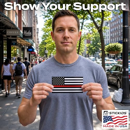 Image of Stickios Firefighter Sticker American Flag Thin Red Line - Made in USA | Decal for Cars, Trucks & Vehicle Windows (5.8 x 3.1 inches)