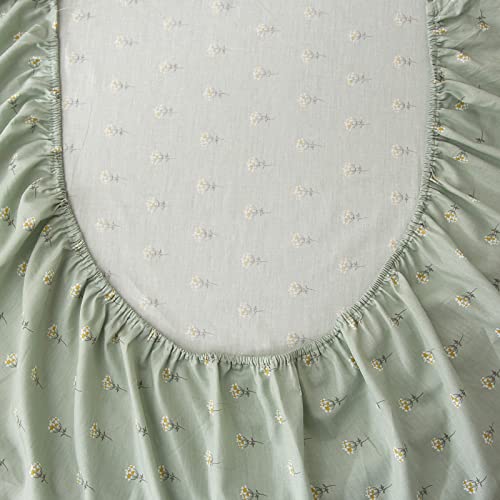 Image of HIGHBUY 100 Percent Soft Cotton Floral Pattern Fitted Sheet Twin Size Green Flower Printed Twin Kids Bedding Deep Pocket 1 Piece KDS Bed Sheet Comfortable (Queen, Style-A)