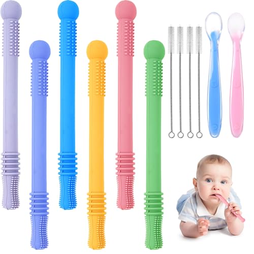 Vicloon Beißring Baby, 12-Teiliges Set Beißröhrchen Silikon, 6 Stück Zahnungshilfe Mit 2 Babylöffel+4 Reinigungsbürste für Baby 6-12 Monate Sensorisches Kauen Molar Spielzeug