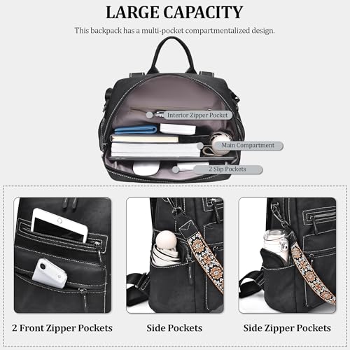 Image of Backpack Purse for Women Pu Leather Travel Backpack Fashion Designer Shoulder Bag Ladies Convertible Handbags (Inky Black)