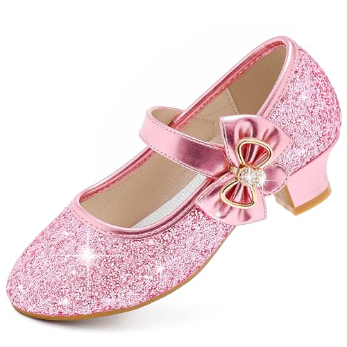 Image of Dufannie Pink Dress Shoes for Girls Princess Shoes for Toddler Girls High Heel for Little Big Kidss Girl Fancy Shoe Flower Girl Wedding Party(3303Pink 12)