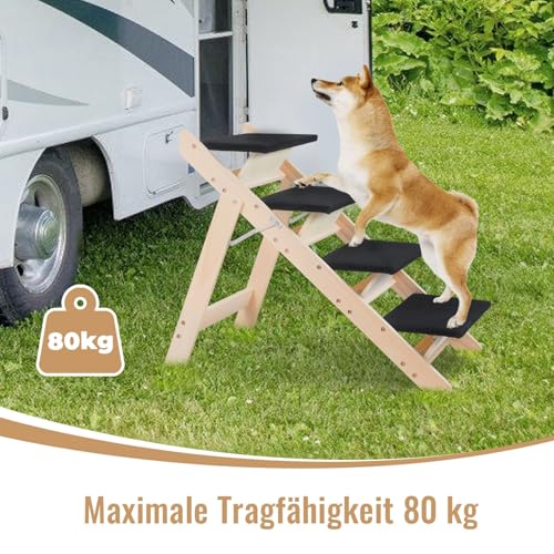 Jiubiaz Hundetreppe Klappbare Haustiertreppe 65,5cm Hoch, 4-Stufig Faltbare Katzentreppe, Hunderampe, Maximale Belastung 80kg, Tiertreppe mit Rutschfester Trittmatte für Hunde und Katzen