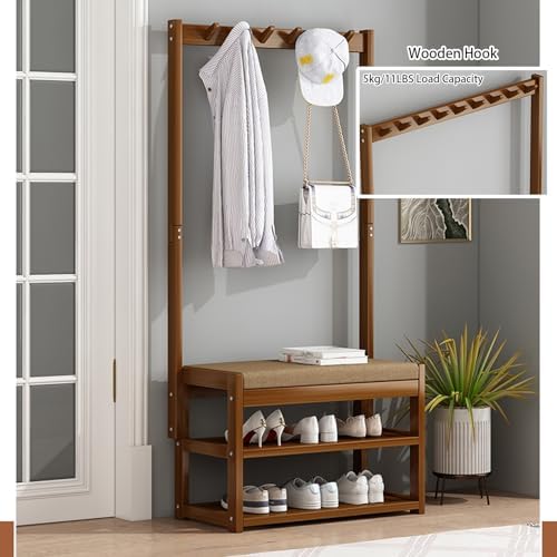 Pull Out Shoe Rack Rotating Shoe Cabinet Cabiner Rotate Rotating Shoe Storage Rack for Wardrobes Retractable，Stylish Bamboo Coat Rack with Shoe Bench, Space-Saving Hall Tree, 5-9 Hooks, Soft