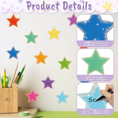 Image of Glitter Star Cutouts - 100Pcs Back to School Star Confetti Cutout Assorted Color Glitter Stars Paper Cuts for School Classroom Bulletin Board DIY Craft First Day of School Party Decoration Supplies