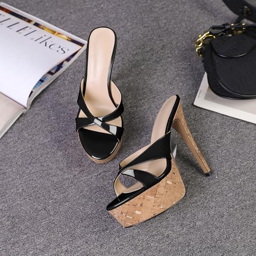 Image of Esvowido Heeled Mules for Women Cork Platform Stiletto Heels Slip on Open Toe High Heeled Sandals Crisscross Slippers Pumps Shoes