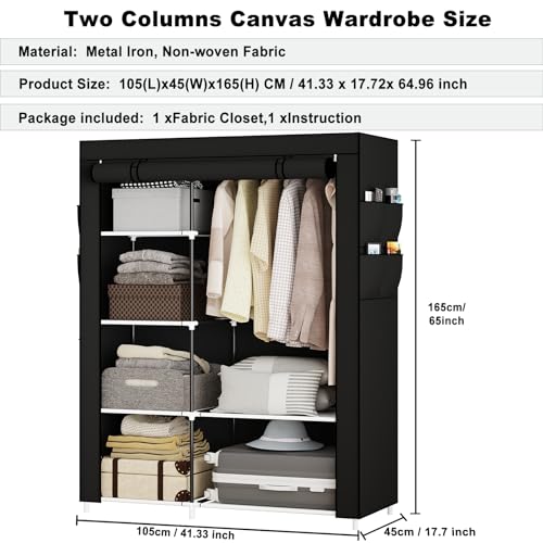 Image of OPPAIYA Canvas Wardrobe for Bedroom, Fabric wardrobes carries five storage boxes, one hanging rail and four side pockets, 105 x 45 x 165 cm, Pop up wardrobe, Great temporary wardrobes for bedroom