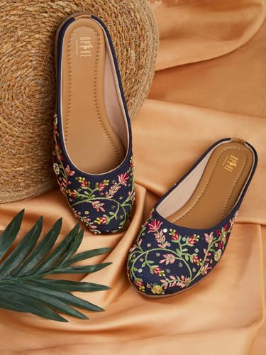 Image of OPIVE's Mehandi Women's Mojari Jutti Ethnic Punjabi Juttis Traditional Flat Embroidered Canvas Fancy Bellies Comfortable Sole for Womens & Girls
