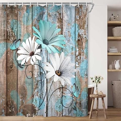 JAWO Farmhouse Flower Floral Shower Curtain, Rustic Teal Turquoise Daisy Shower Curtain Set, Country Blue Wild Garden Plant Fabric Shower Curtain with Hooks, Surreal Bathroom Curtain, 60x70inch Cover