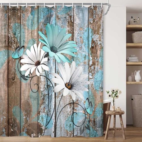 JAWO Farmhouse Flower Floral Shower Curtain, Rustic Teal Turquoise Daisy Shower Curtain Set, Country Blue Wild Garden Plant Fabric Shower Curtain with Hooks, Surreal Bathroom Curtain, 69x75inch