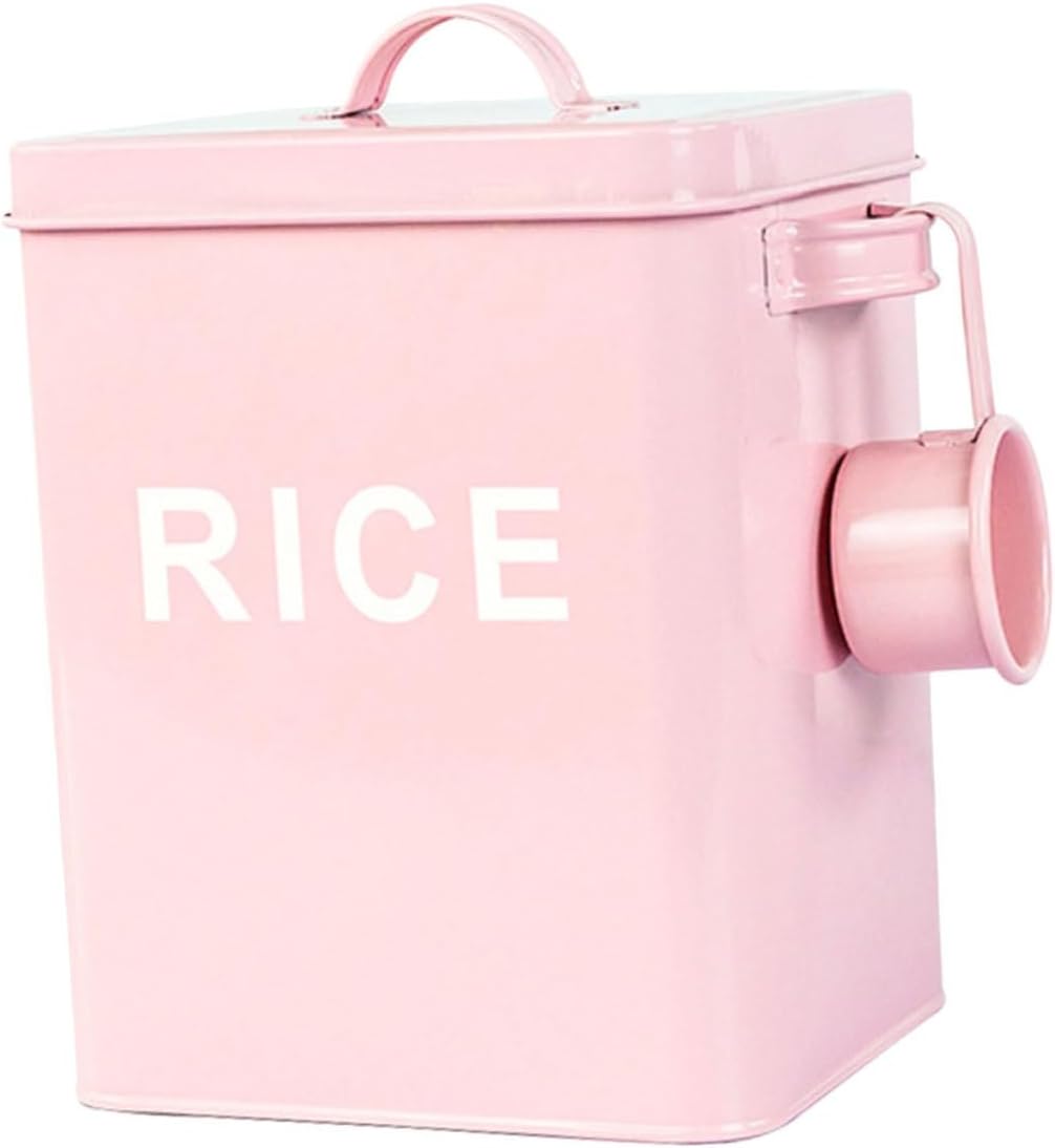 NUOBESTY Iron Pet Food Barrel with Lid Sealing Rice Container 5l Pink Metal Pet Food Storage Bucket with Measuring Cup Household Use