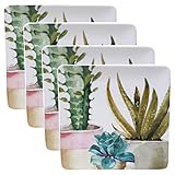 Cactus Verde 10.5' Square Dinner Plates, Set of 4 – Ceramic Southwestern Dinnerware with Watercolor Succulents – Durable Microwave Safe Plates for Everyday Meals and Entertaining
