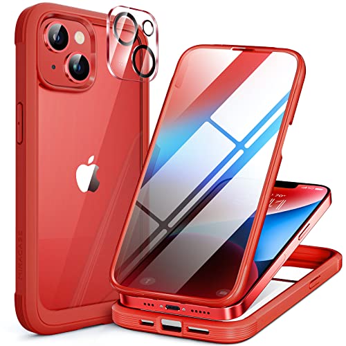 Image of Miracase Glass Series Designed for iPhone 14 Case 6.1 inch, 2023 Upgrade Full-Body Clear Bumper Case with Built-in 9H Tempered Glass Screen Protector and Camera Lens Protector,Red