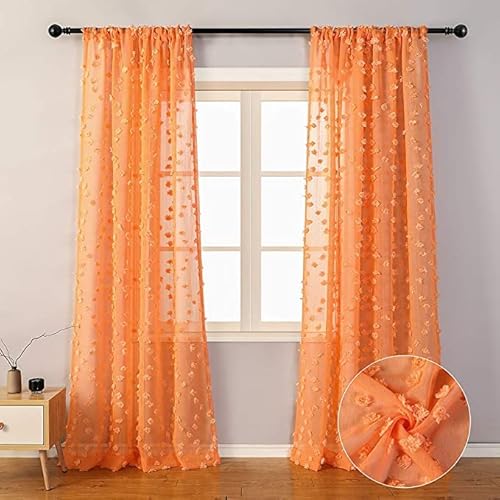 MYSKY HOME Pom Pom Orange Sheer Curtains for Bedroom Girls
