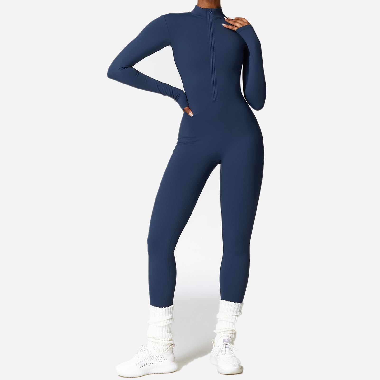 Damen Sport Jumpsuit Lang Eng Yoga Overall Langarm V-Ausschnitt Playsuits Mit Reißverschluss Jogging Strampler Hosenanzug Trainingsanzug