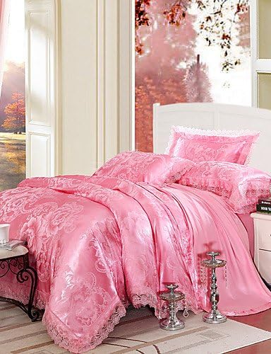CHUN, four-piece suit,Flowers Queen King Size Bedding Set Luxury Silk Cotton Blend Lace Duvet Cover Sets Jacquard Pattern, king
