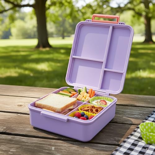Image of Bento Mega Lunch Box, carrying handle - 4 No-Mix Compartments | Microwave & Dishwasher Safe | for Adult, Preschool, School 1600ML, OZ (Purple Light ClevaMingoo Friend)