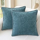 CaliTime Throw Pillow Covers Decorative 18 X 18 Inches Pack of 2 Cotton Thread Stitching Edges Solid Dyed Soft Chenille Cushion Cases for Couch Sofa Bed Living Room Farmhouse Smoke Blue