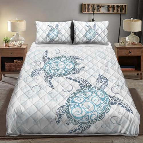 ARIGHTEX Blue Turtle Quilt Comforter Set Twin Bubble Animal Sea Turtle Coverlet Bedspread for Boys Girls Kids, Plush Lightweight White Bedding Set 1 Quilt and 2 Pillow Shams