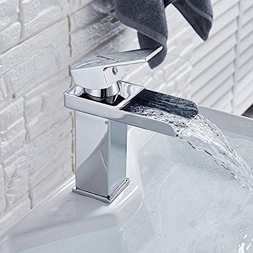 Robinet de lavabo de bain chromé poli brillant au fini miroir et design cascade contemporain