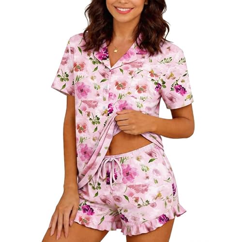 Marvmys Women Short Sleeve Pajamas Set Button Down 2 Piece Pjs Shorts Set Ruffle Lounge Set Sleepwears S-XXL