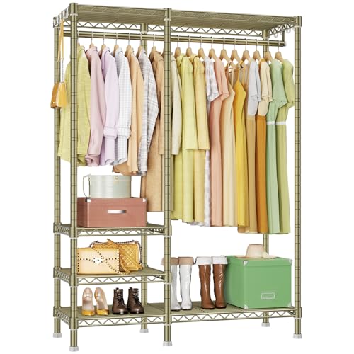 Ulif F4 Heavy Duty Clothes Rack (With Hanger Rod) Freestanding Clothing Racks for Hanging Clothesï¼ŒAdjustable Closet Organizer System, Portable Garment Rack 45\"W x 15.8\"D x 71.3\"H,Max Load 600LBS, Gold