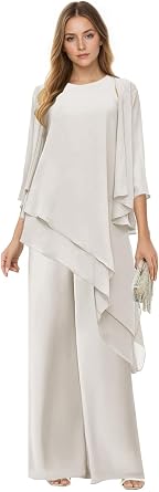 3 Piece Mother of The Bride Pant Suits with Jacket Chiffon 3/4 Sleeve Formal Wedding Outfit WT011