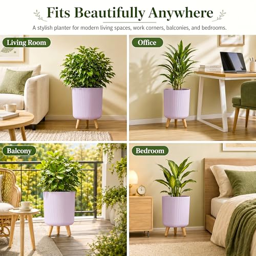 Image of Eightiz Store Modern Lavender Flower Pot with Plastic Legs | Indoor Outdoor Planter for Home Garden Balcony Decor Ribbed Design Sturdy Plastic Mid-Century Style (Lavender, Pack of 2)