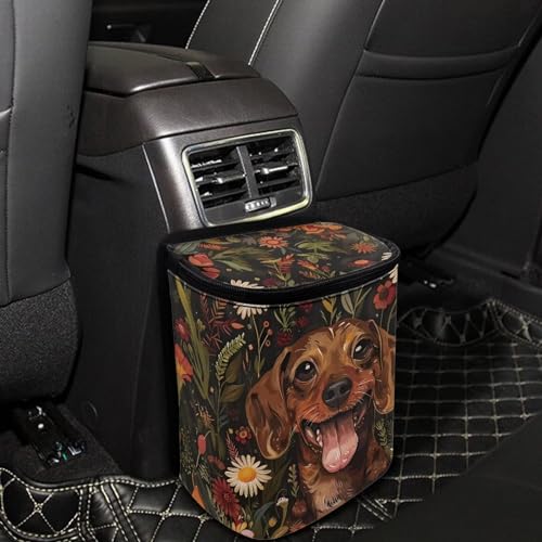 Image of Talayituse Dachshund Daisy Flower Print Car Trash Can with Adjustable Straps, Foldable Car Trash Bag Bin Car Garbage Bag Multipurpose Storage Box for Vehicle Travel Camping Picnicing